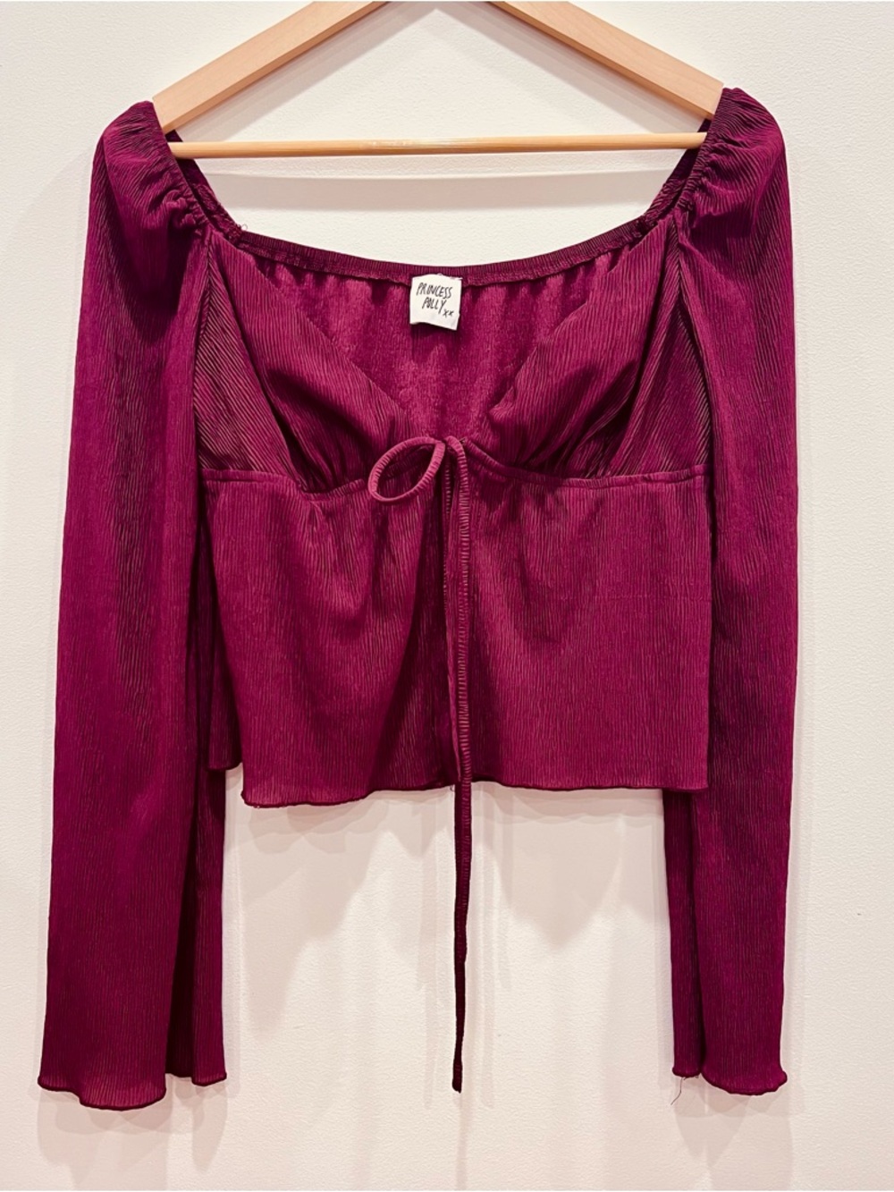 Princess Polly Deep Plum Long Sleeve Tie-Front Blouse Y2K Festival Fairy Small